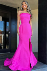 Long Strapless Fuchsia Formal Dress Satin Mermaid with Slit